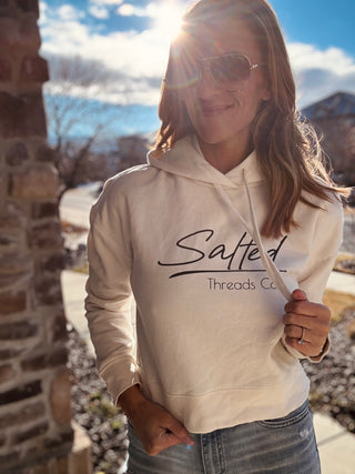Salted Threads Co. logo women's waist-length fleece hoodie