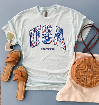 USA watercolor floral 250 Short sleeve patriotic tee Bella Canvas 3001 Ice Blue 