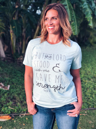 But the Lord stood with me Short sleeve miscellaneous tee Bella Canvas 3001 heather dusty blue 