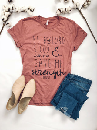 But the Lord stood with me Short sleeve miscellaneous tee Bella Canvas 3001 heather dusty blue 