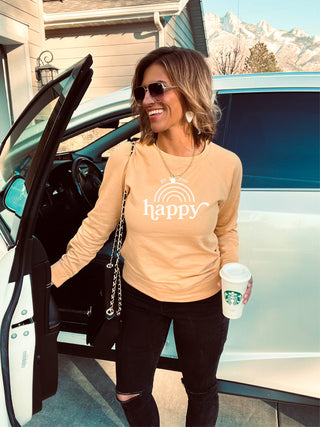 Go get your happy French Terry raglan sweatshirt Fall Sweatshirt Cotton heritage unisex French Terry- mustard 