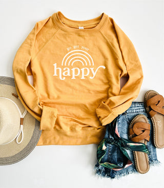 Go get your happy French Terry raglan sweatshirt Fall Sweatshirt Cotton heritage unisex French Terry- mustard 