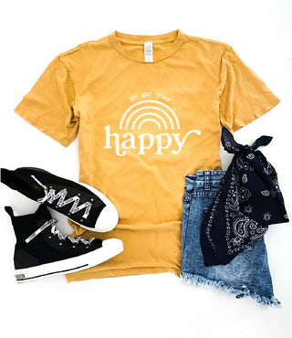 Go get your happy vintage wash tee Short sleeve miscellaneous tee Lane 7 15004 Camel XS Vintage mustard 