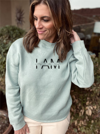 I am worthy loveable enough fleece sweatshirt Affirmation collection Gildan SF000 and lane seven seafoam 