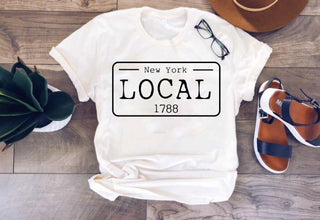 Local license plate state tee- N-O Short sleeve state tee Bella Canvas 3001 natural and deep heather 