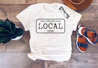 Local license plate state tee- U-W Short sleeve state tee Bella Canvas 3001 natural and deep heather 