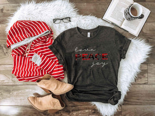Love peace joy tee Short sleeve holiday tee Bella Canvas 3001 dark heather grey XS Charcoal 