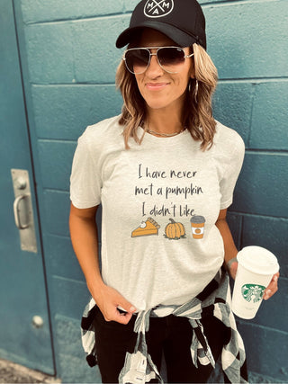 Never met a pumpkin I didn't like tee Short sleeve fall tee Bella Canvas 3001 heather oatmeal 