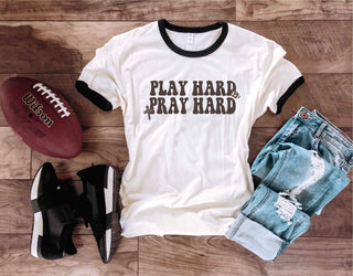 Play hard pray hard ringer tee Short sleeve football tee Next Level ringer natural/black 