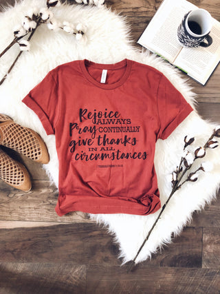 Rejoice always Short sleeve fall tee Bella Canvas 3001 rust 