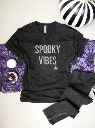Spooky vibes tee Short Sleeve halloween tee Bella Canvas 3001 Heather Black 