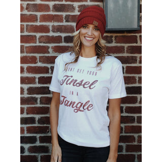 Tinsel in a tangle tee Short sleeve holiday tee Bella Canvas 3001 white 